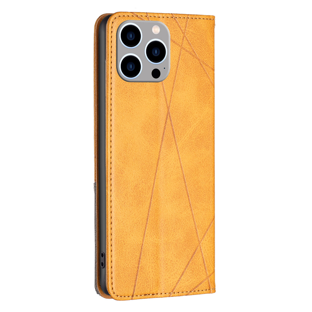 Uniqkart for iPhone 15 Pro Max Stand Leather Phone Cover Card Holder Shell Imprinted Line Cell Phone Case - Yellow Uniqkart for iPhone 15 Pro Max Stand Leather Phone Cover Card Holder Shell Imprinted Line Cell Phone Case - Yellow